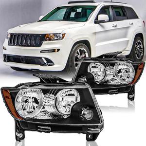 Headlights Assembly Pair for 2011 2012 2013 Jeep Grand Cherokee / 2011-2017 Jeep Compass Halogen Headlamps Head Lights Replacement Driver and Passenger Side,Black Housing Amber Reflector