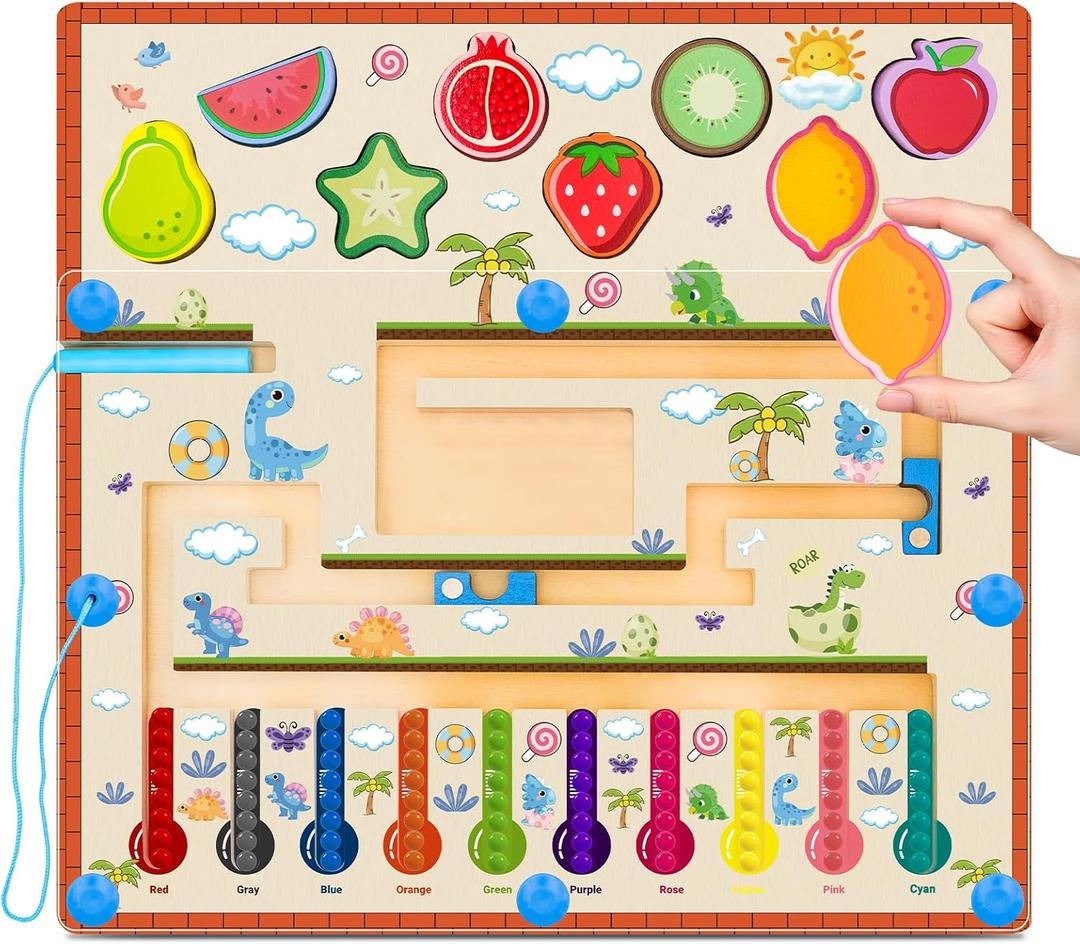 Montessori Magnetic Color and Number Maze Toys Wooden Shape Sorter Game for Toddler Magnet Balls Puzzle Board Educational Sensory Learning Toy for 3+ Years Old Kids