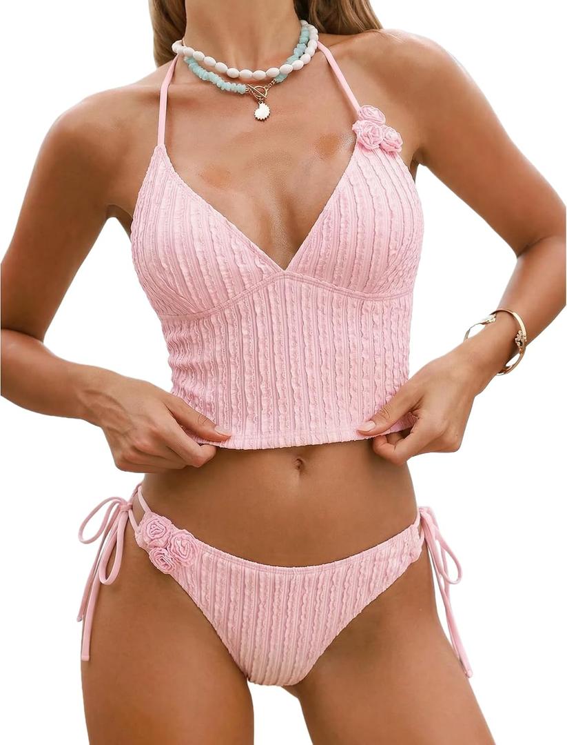 ZAFUL Women's V Neck Tummy Control High Waisted Tankini Swimsuits | Adjustable Spaghetti Strap, Sexy Plunging Neck, Tummy Control Tank Top, Tie Side Cheeky Bikini Bottom, 2 Piece Bathing Suit (Pink, M)