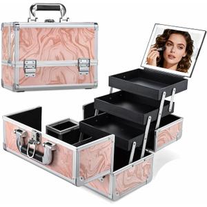 Travel Makeup Case with LED Lighted Mirror - 11.6" Portable Makeup Organizer Box, Cosmetic Train Case with Detachable Brush Holder - Fluid Pink