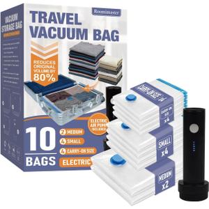 Travel Vacuum Storage Bags with Electric Pump, 10 Combo Travel Packing Bags for Luggage and Suitcase, Carry-on Size Compression Space Saver for Clothes and Clothing