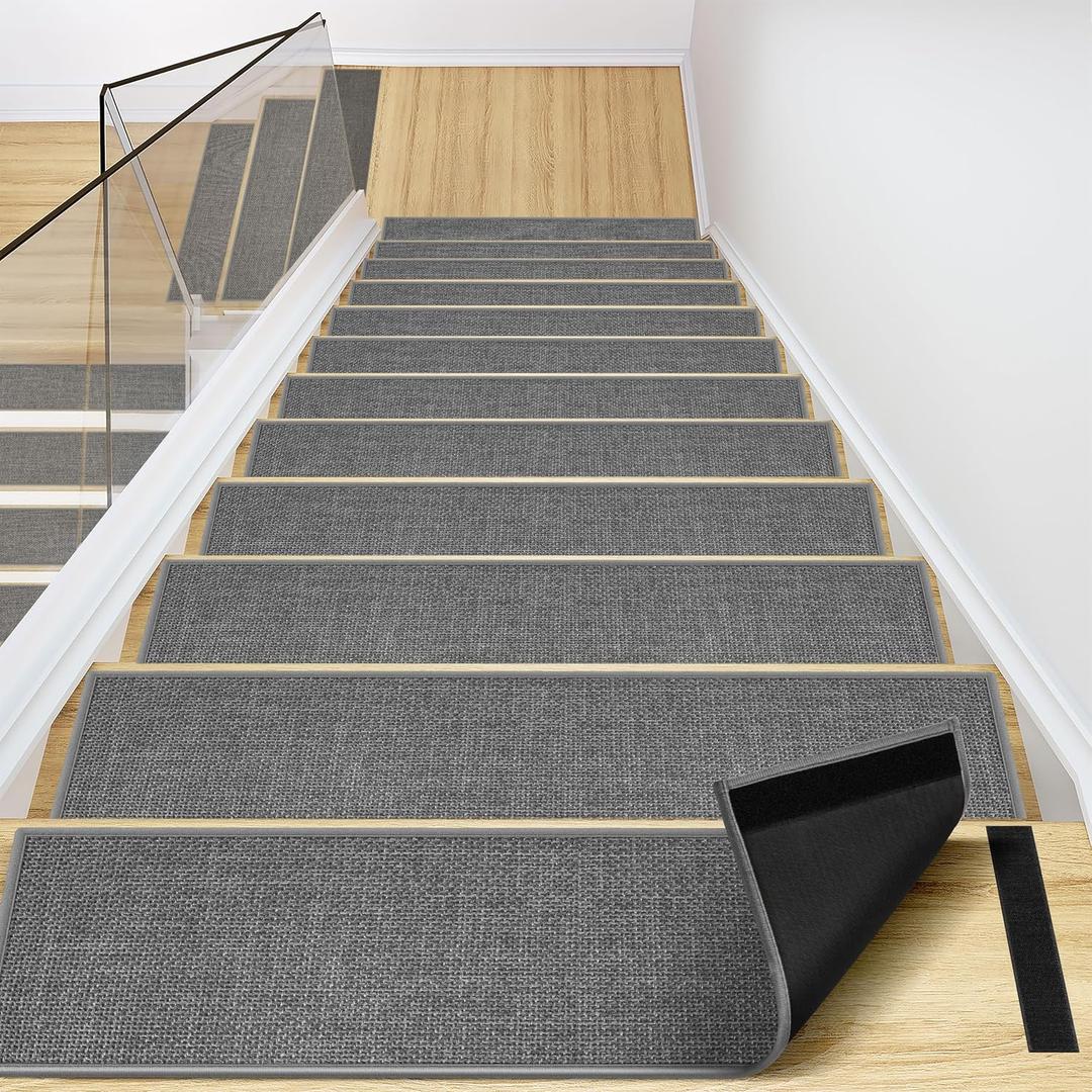 Peel and Stick Carpet Stair Treads for Wooden Steps Set of 15, Non Slip Adhesive Jute Stair Mats Indoor, Rubber Backing Safety Step Pads Mats, Grey, 8"x30"