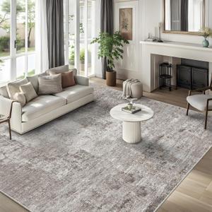 10x10 ft Square Living Room Rug  Washable Modern Abstract Area Rug for Bedroom, Dining Room, Playroom  Neutral Non-Slip Low-Pile Thin Indoor Carpet (Beige Grey)