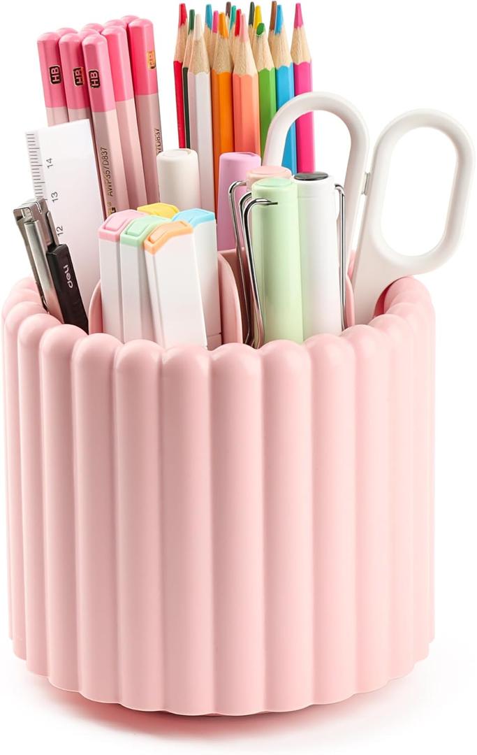 Desk Organizer, 360 Rotating Pen Holder for Desk, Pencil Cup with 7 Compartments Storage Box Caddy for Kids, Office, School, Home (Pink)