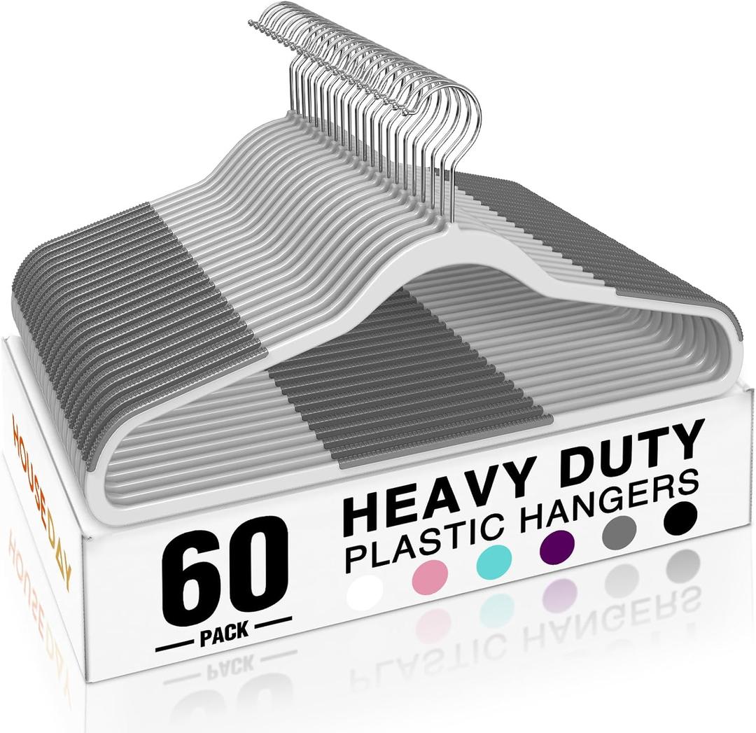 HOUSE DAY Heavy Duty Plastic Hangers 60 Pack, Non Slip Clothes Hangers with Rubber Pads and 360 Hook - Thin 0.2 Inch, Space Saving Coat Hanger Grey, Closet Organizer for Shirt, Pants, Suit, Skirt