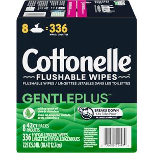 Cottonelle, GentlePlus Flushable Wet Wipes with Aloe & Vitamin E Adult Wet Wipes 8 Flip-Top Packs 336 Total Flushable Wipes, 8 Count