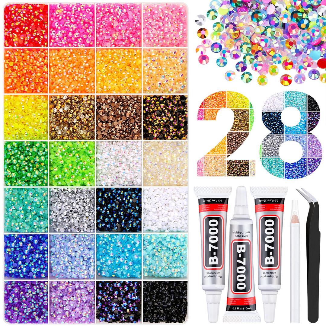 34000Pcs Resin Rhinestones with Tweezers for Bedazzling, Multicolor 3mm Crystal with 3Pcs 10ml B7000 Jewelry Glue for Bedazzled Nail Art Crafting Makeup (X-Large Pack + 3Pcs Glue)