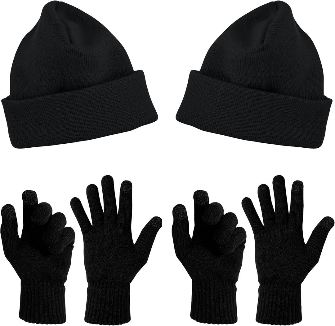 2-Sets Beanies & Touch Screen Gloves, Soft Thick Winter Thermal Plush Toboggan Skull Cap Men Women