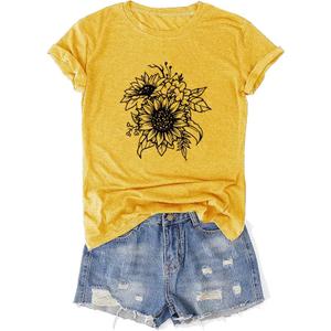 Sunflower T Shirts for Women Cute Dandelion Daisy Print Tops Soft Cotton Summer Workout Graphic Tees, Yellow, XX-Large