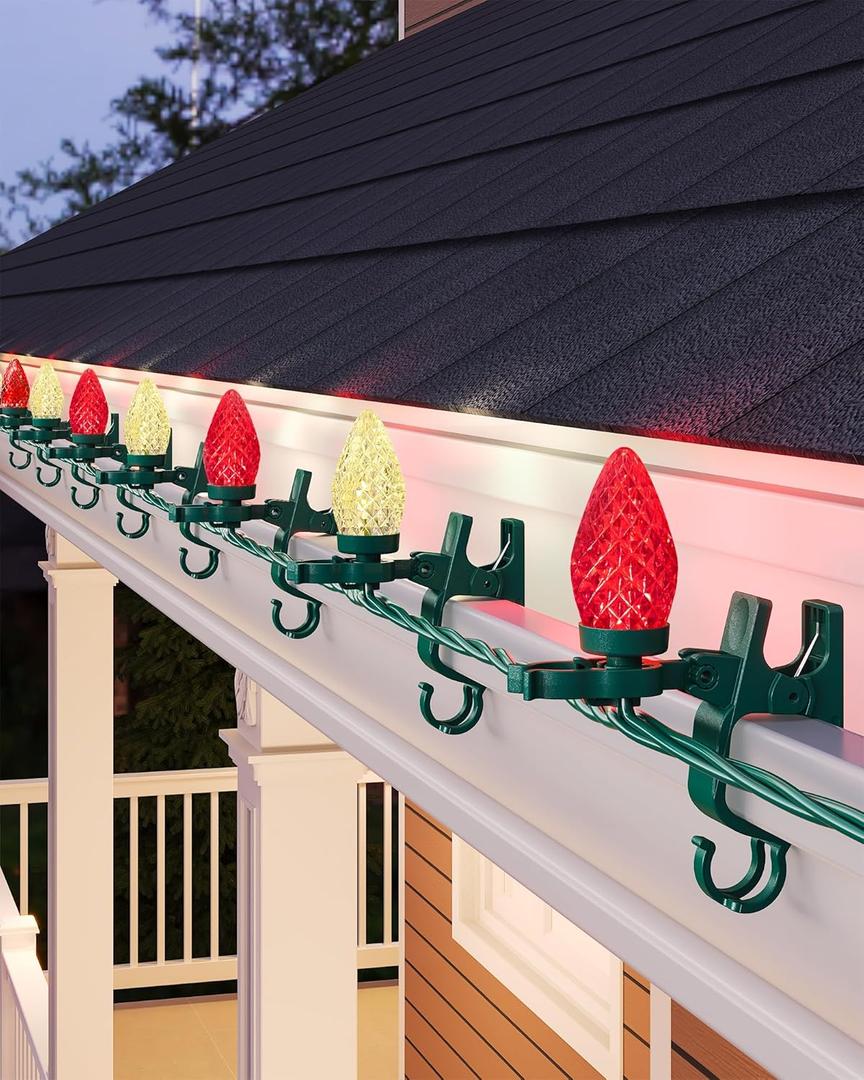 SURAIELEC C9 LED Christmas Lights with Clips, 67FT 100 Count Outdoor Christmas Roof Lights with Spring Clips, Red & Warm White String Lights for House, Gutters, Shingles, Roofline, UL Listed