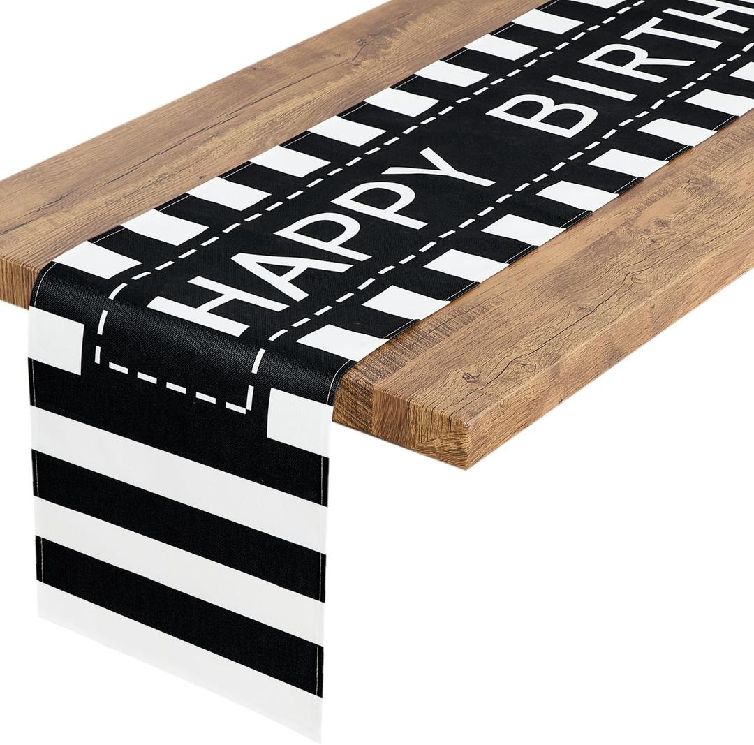 Happy Birthday Table Runner Black Striped Table Decorations Stripe Birthday Party Sign, 72 Inches