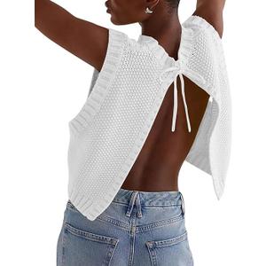Soly Hux Women Y2K Backless Tie Up Knit Crop Sweater Vest Sleeveless Round Neck Split Open Back Pullover Summer Tank Top Xs