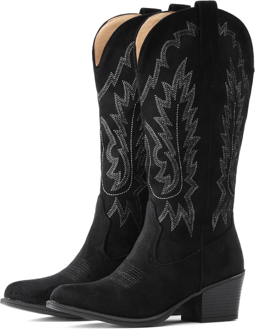 IUV Suede Cowboy Boots For Women Chunky Heel Pointed Toe Cowgirl Boots Mid Calf Western Embroidery fall Boot, Size: 8