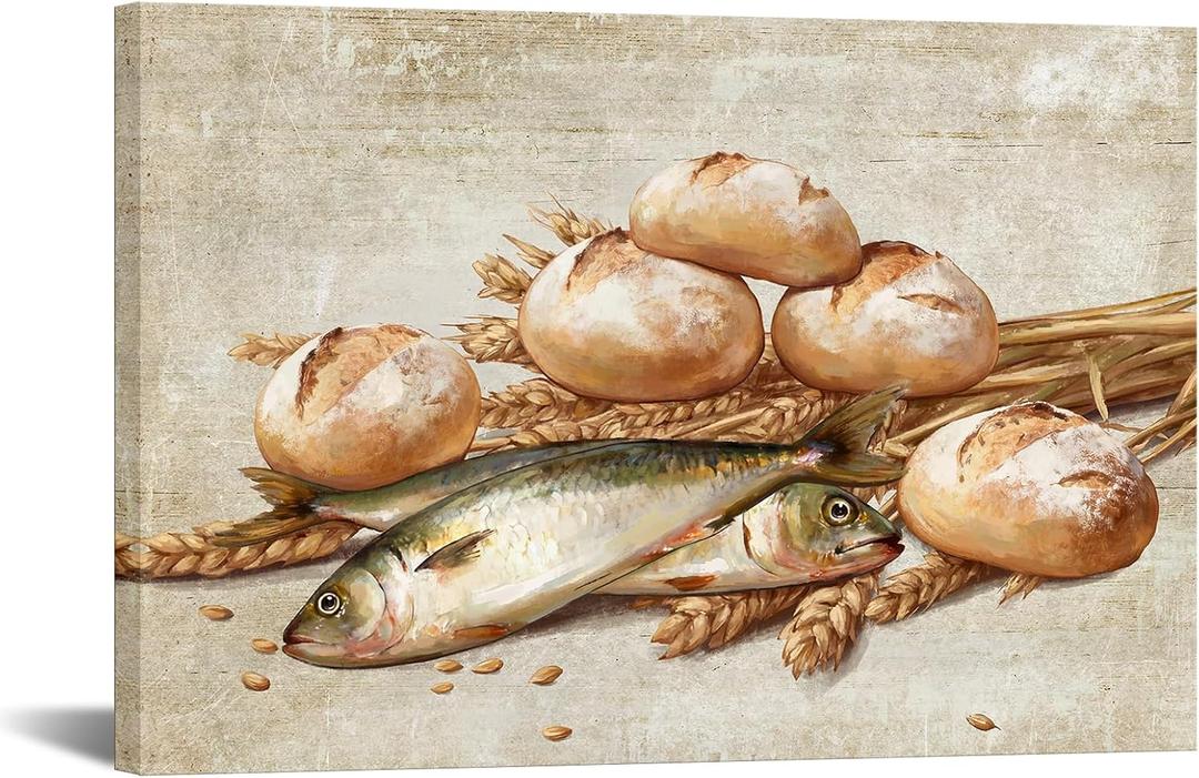 KREATIVE ARTS Two Fish and Five Loaves Wall Art 16x24 Inch Rustic Kitchen Canvas Print Vintage Bread and Fish Painting Farmhouse Dining Room or Restaurant Wall Decoration Ready to Hang