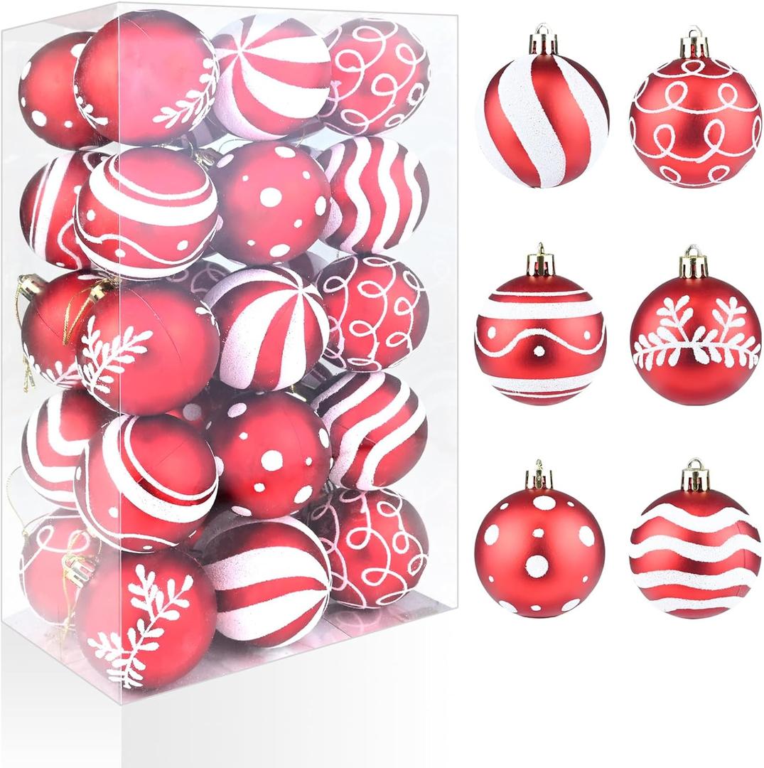 30ct Christmas Balls Ornaments - 2.36 Red and White Christmas Ball Ornaments, Shatterproof Christmas Balls Ornaments for Christmas Tree, Hanging Ornaments for Xmas Trees Holiday Party