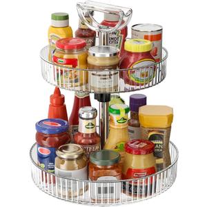 2-Tier Lazy Susan 360 Rotating Turntable Organizer Rack with Handles Height Adjustable, Spice Rack Holder Organizer for Cabinet, Pantry Organizers Bathroom Countertop Storage (Transparent Color)