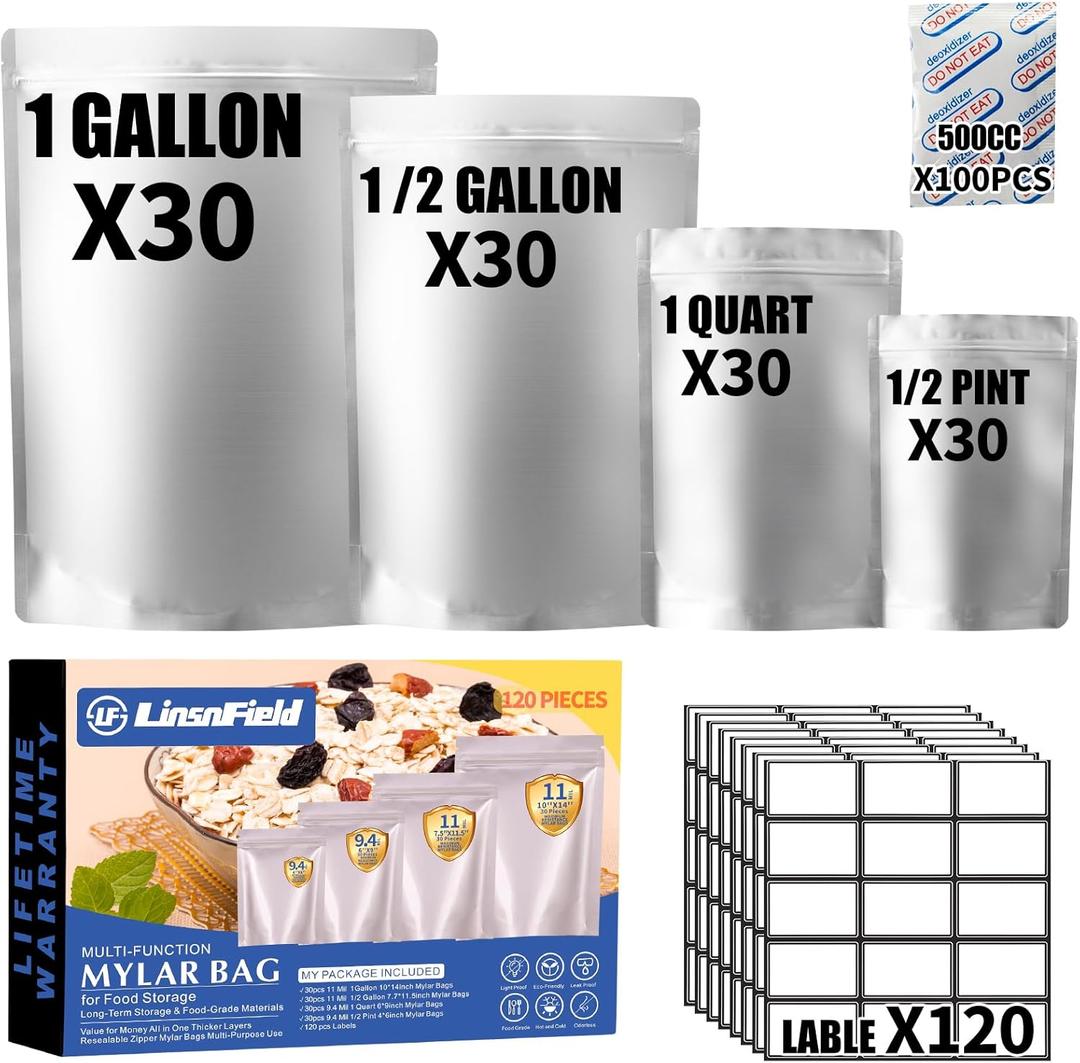 120PCS Mylar Bag Bundle, 4 Multi-Size Pouches(11Mil), 100x500cc Oxygen Absorbers, 120 Labels, Heat Sealable, Food Safe, BPA-Free  for Strong, Secure Long Term Food Storage, Silver