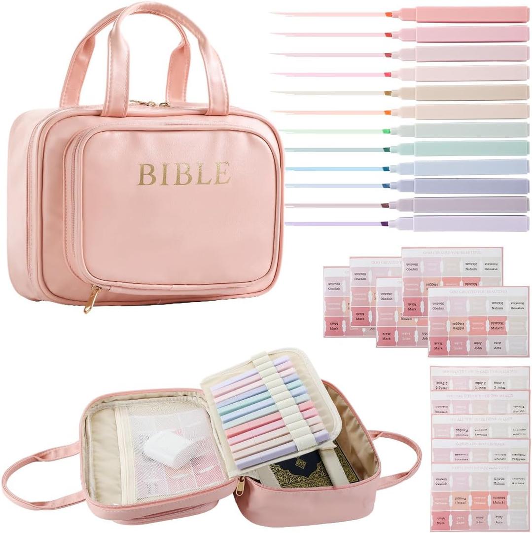 Bible Cover for Women Bible Case, Carrying Bag with 12 Highlighters and Index Bible Study Supplies journaling kit Mothers Day Christian Gifts for Women (Pink)