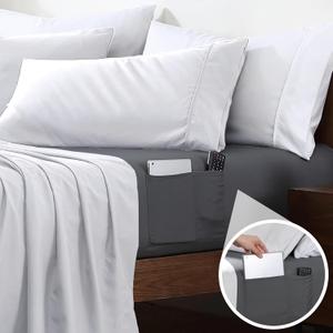 Cathay Home Full Double-Sided Organizer Pocket Fitted Smart Sheet - Double Brushed Ultra Soft  Wrinkle & Fade Resistant - 14" Deep Pocket Fitted Sheet Only (Full, Grey) Cathay Home Full Double-Sided Organizer Pocket Fitted Smart Sheet - Double Brushed Ultra Soft  Wrinkle & Fade Resistant - 14" Deep Pocket Fitted Sheet Only (Full, Grey)