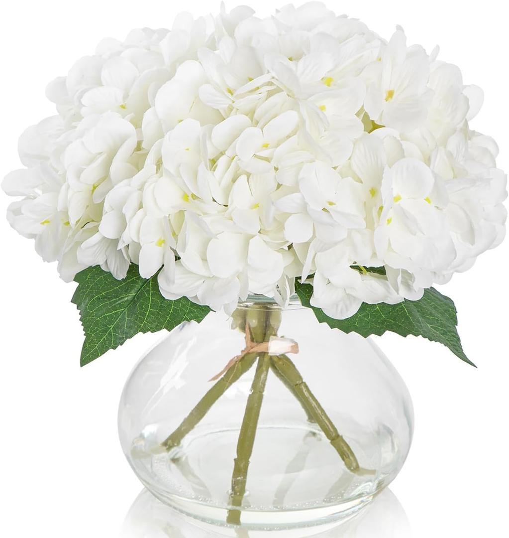 PISARRY Artificial Hydrangea Flowers with Glass Vase, White Silk Fake Floral Arrangement for Dining, Coffee Table Centerpieces Decoration, Aesthetic Faux Plants for Shelf, Bookshelf, Bathroom