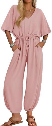 ZESICA One Piece Jumpsuits for Women Summer Casual Short Sleeve V Neck Overalls Drawstring Waist Romper with Pockets, M