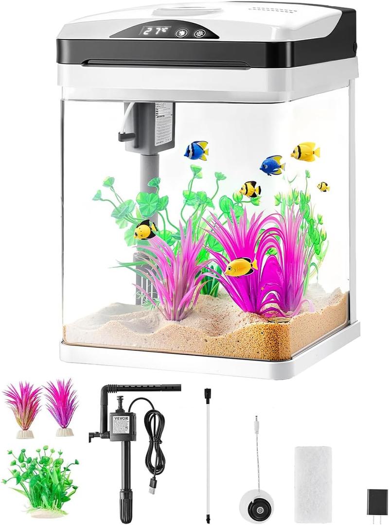 VEVOR Fish Tank Aquarium, 2 Gallon LED Square Ultra-Clear Glass Tank Temperature Monitoring Adjustable 7 Color Lighting, Self Cleaning System Fishbowl for Freshwater & Saltwater Fish Home,Office,Pet