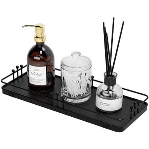 Bathroom Vanity Tray for Countertop Toiletries Perfume Makeup Soap Dispenser Toilet Tank, Kitchen Tray for Salt Spice, Black Decor Tray for Candle Nightstand Coffee 11.3”x 4.4”