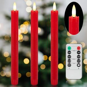 AFINETH Red Flameless Taper Candles with Rmote, 9.6" Real Wax Battery Operated Candles with 3D Wick, 3 Pack Christmas Led Candlesticks for Table, Home, Wedding, Party, Xmas Decor