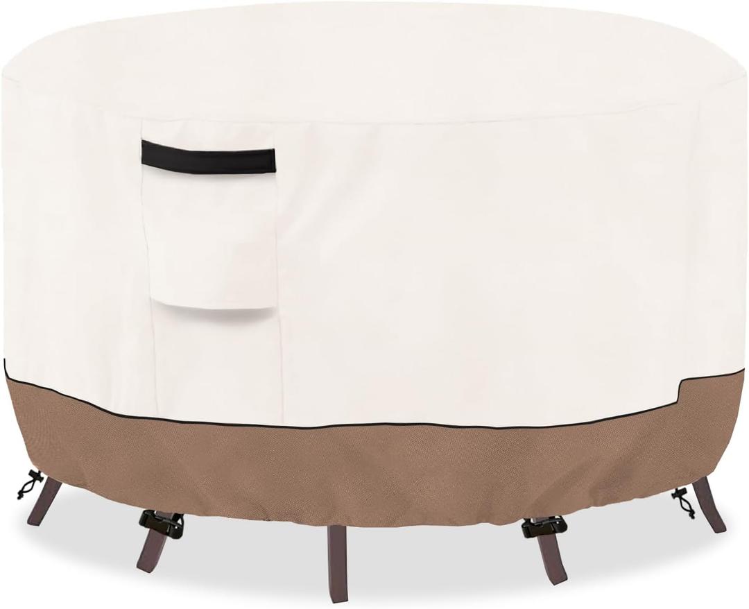 Round Outdoor Table Cover Waterproof Patio Furniture Covers, Round Patio Table Chair Set Covers - 72" Dia x 28" H (Beige & Brown)