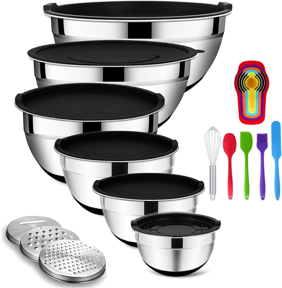 Rottay Mixing Bowls Set with Airtight Lids, 20PCS Stainless Steel, Nesting Bowls with 3 Grater Attachments & Non-Slip Bottoms, Size7, 4, 3, 2, 1.5, 1QT Bowls for Baking&Prepping (Black)