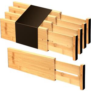 Utoplike Bamboo Dresser Drawer Dividers, 4'' High Adjustable Drawer Organizers for Clothing, Spring Loaded, Works in Kitchen, Bathroom, Bedroom, Drawer, Desk, 4 pcs (Natural)