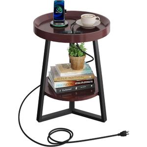 WLIVE Small Round Side Table with Charging Station, Round Coffee Table, 2 Tier End Table for Living Room/Bedroom, Sofa Couch, Easy to Assemble, Wood Tabletop & Metal Frame, Brown