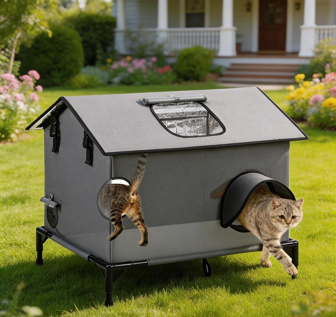 Extra Large Outdoor Cat House, Weatherproof Insulated Indoor Outside Multi-Cat House with Escape Door & Elevated Base, Waterproof Shelter for Feral Stray Barn Cats