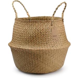 DOKOT Seagrass Plant Basket with Handles, Round Storage Wicker Basket (10.6inch Diameter x 12.5inch Height, Natural)