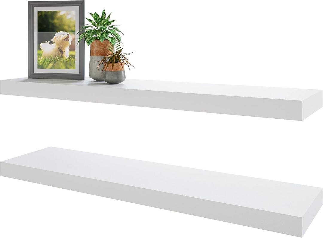 BAMEOS Floating Shelves,31 in W White Wall Mounted Wooden Shelves with Invisible Brackets Set of 2, Hanging Wall Shelves Decoration for Bedroom, Bathroom, Living Room and Kitchen, 31x7