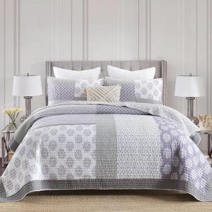 Finlonte Quilt Set King Size - 100% Cotton King Comforter Set, Patchwork Bedspread Reversible Lightweight Bedding, Purple Grey White Floral Quilts for King Bed All Season, 3 Pieces