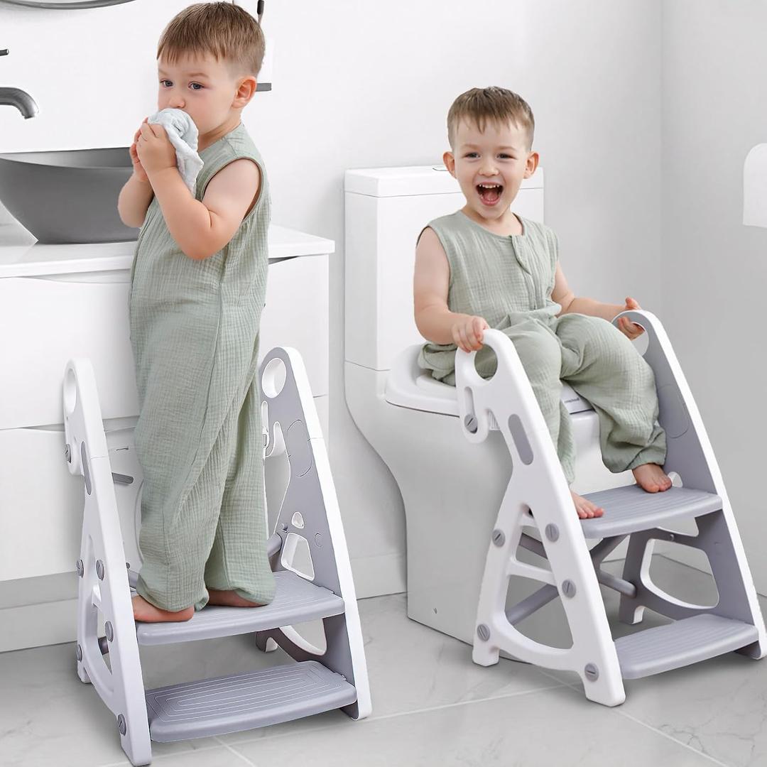 Potty Training Seat, Primlect Upgrade Ultra-Stable Toddler Toilet Seat for Kids Boys Girls, 2 in 1 Potty Training Toilet with Step Stool, Adjustable Seat and Ladder, Non-Slip Pad, Splash Guard (Grey)