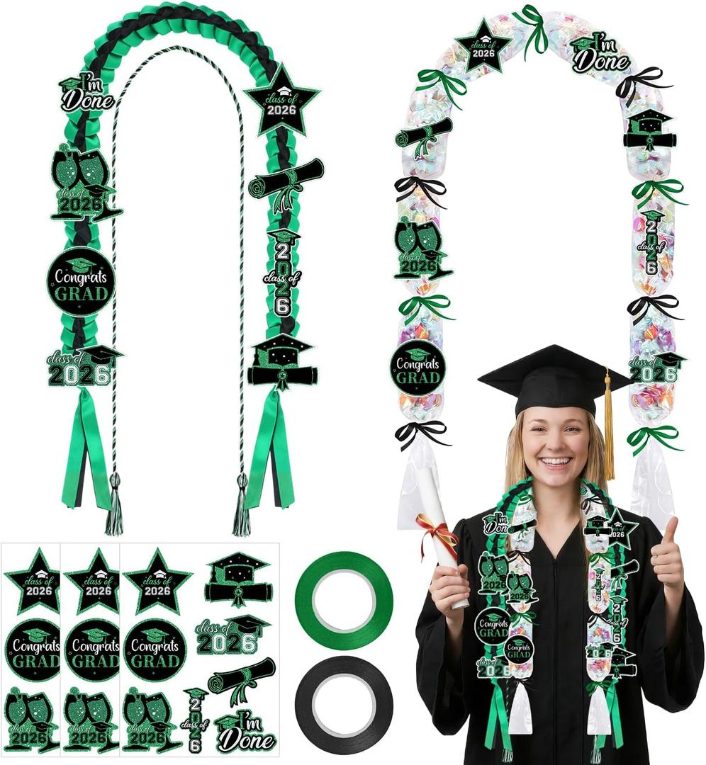 Graduation Decorations Leis 2026 - 16 Pcs Green Black Class Congrats Grad Candy Lei Ribbon Honor Cord Patches Stickers Making Kit Party Gifts Accessories Stuff for High School College Masters