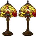 Tiffany Small Table Lamp for Bedroom Set of 2 Bedside Nightstand Lamp Rose Flower Grape Stained Glass Table Lamps for Living Room 3 Light Colors Tempertures Home Office Desk Lamps (2 Pack 8X8X15Inch)