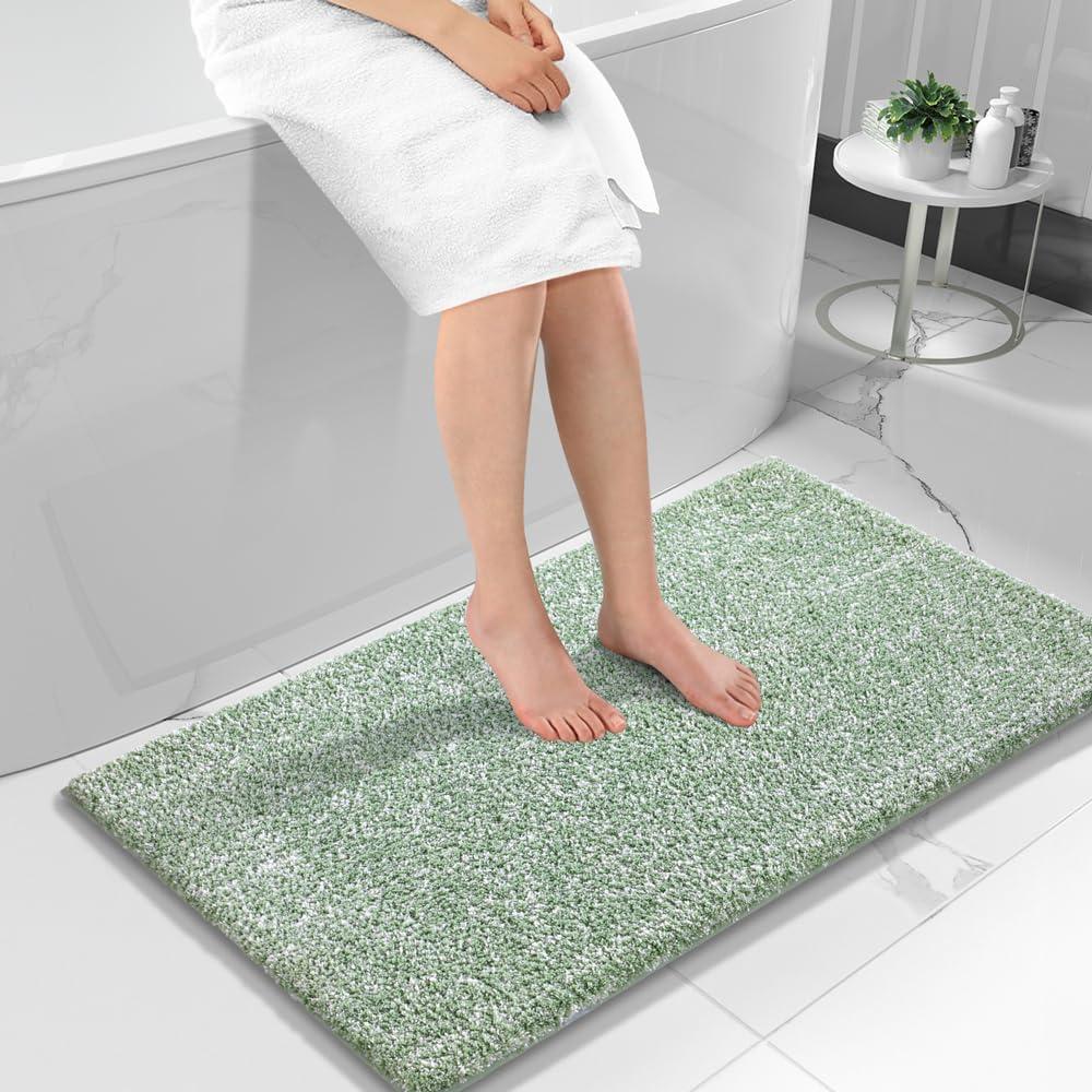 Yimobra Long Bathroom Rug Non Slip Washable, Soft Absorbent Microfiber Bath Mat, Dual-Tone Decor Rug with Rubber Backing for Bathroom Floor Tub and Shower,44x24,Home Essentials,Green and White