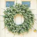 26'' Summer Wreath for Front Door, Porch- Artificial Eucalyptus, with Babys Breath Flowers Large Wreath for Home, Farmhouse Wall Decor, Green White