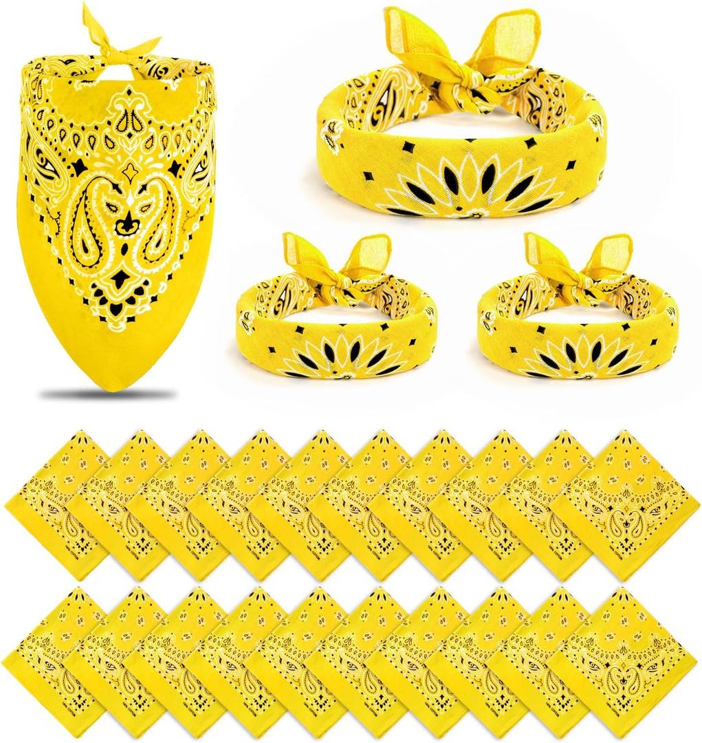 24 Pack Bandanas Bulk 22x20 Inch Cotton Paisley Bandanas Headband Scarf for Men Women (Yellow)