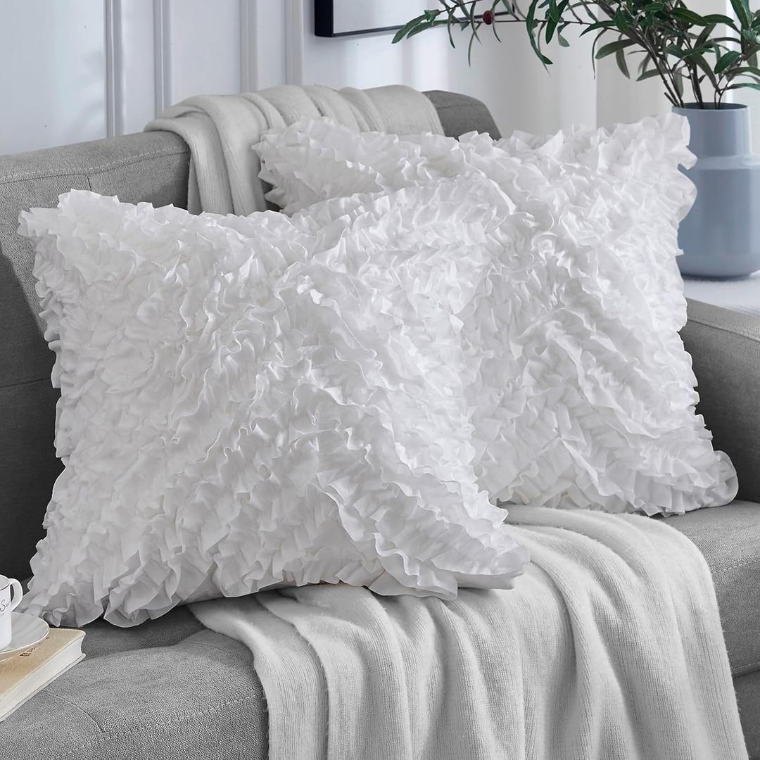 Leeden 18x18 Pillow Covers, Cushion Throw Pillow Cover Pillowcase Set of 2, Farmhouse Decorative Cushion case, 3D Design Handmade Pillowcase with Ruffles, White