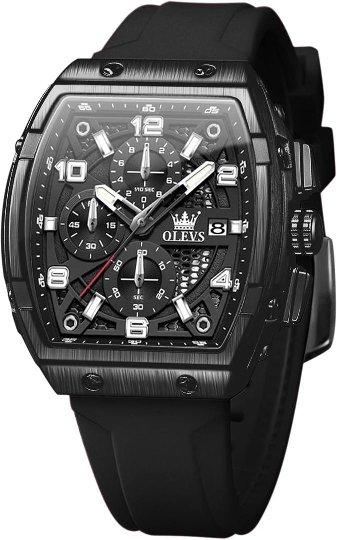 OLEVS Men Black Watch Big Face Dress Casual Original Waterproof Watch for Men Chronograph Silicon Band 