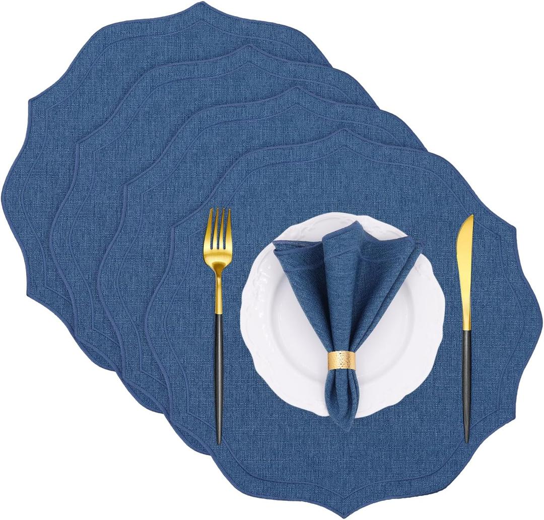 Cotton Linen Round Placemats Set of 4, HADEEONG Table Mats Cloth Placemats, Washable Wrinkle Resistance, Scalloped & Embroidered Fabric Placemats, 15.5 inch (Navy Blue, 4)