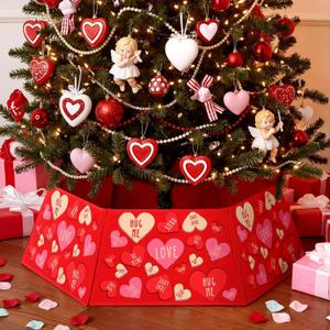29 Inch Valentines Day Tree Skirt Collar Hexagon Foldable Fabric Romantic Red Love Heart Christmas Tree Base Stand Cover Ring for Happy Valentine's Day Anniversary Holiday Party Decorations
