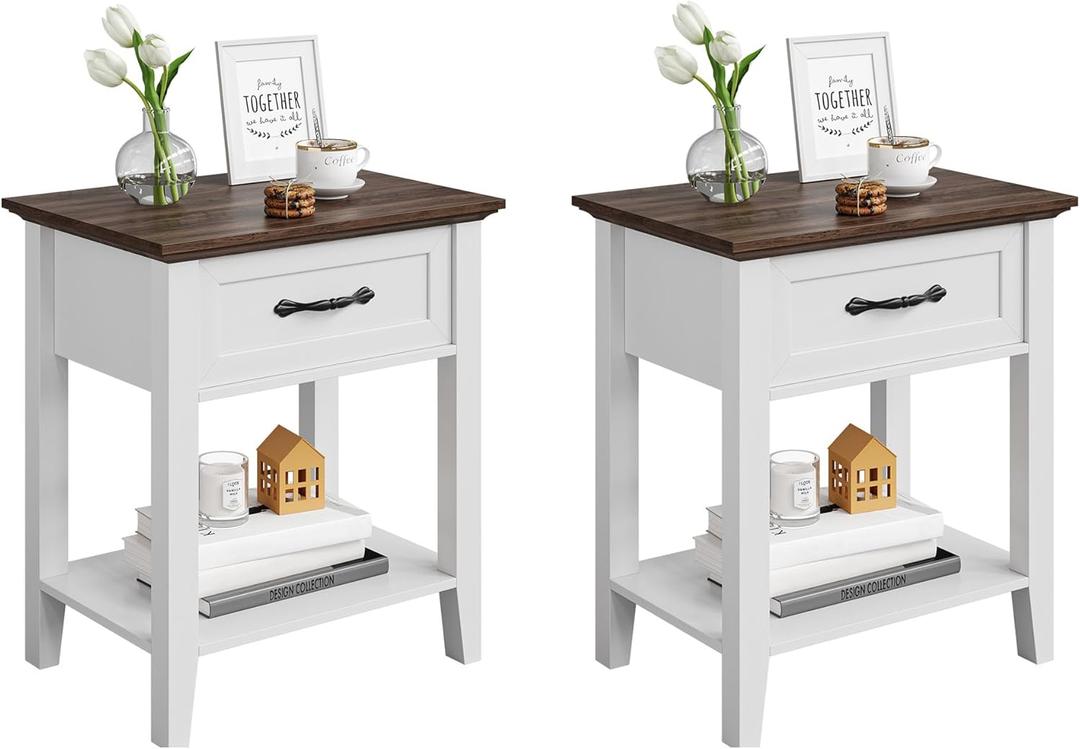 IDEALHOUSE Nightstands Set of 2, End Table with Drawer, Side Table for Spaces, 2 Tiers Storage Shelves with Dresser, Bedside Table for Living Room, Bedroom, Dorm (2pcs-White)