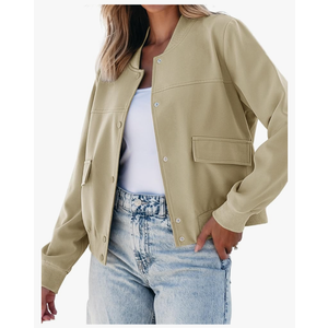 luvamia Bomber Jackets for Women Fall Casual Button Down Long Sleeves Trendy Varsity Jacket Outerwear Coat with Pockets,M