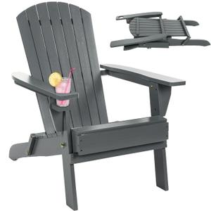 Folding Adirondack Chairs, Outdoor Wooden Lawn Chairs with Cup Holder, Patio Chair for Garden,Yard,Poolside,Backyard, 350lb Weight Capacity (Gray) (Grey)