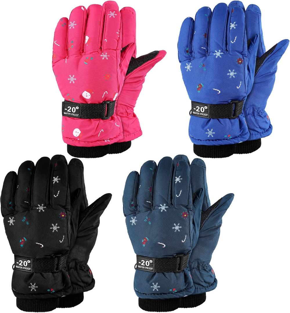 Hicarer 4 Pairs Winter Gloves for Kids Waterproof Snow Ski Gloves Girls Boys Warm Unisex Youth Clothes for Cold Weather (10 - 15 Years, Dark Blue, Pink, Black, Blue)